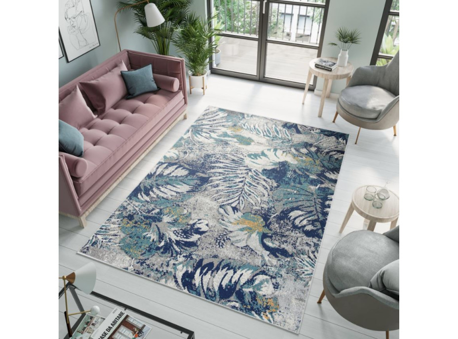 Moderní kusový koberec DENVER Tropical - šedý/modrý