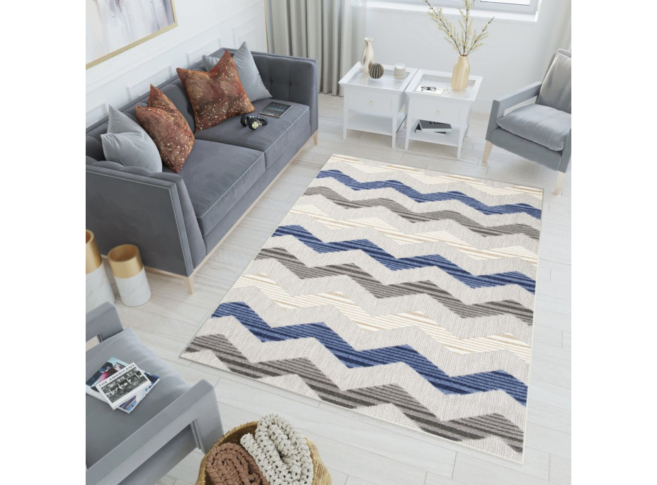 Kusový koberec AVENTURA Cik cak - šedý/modrý/krémový