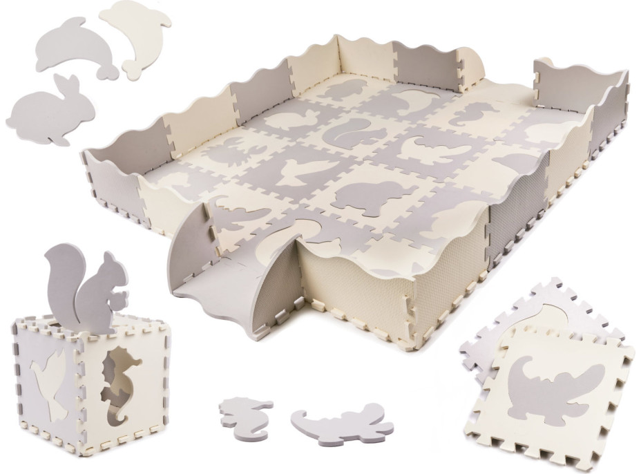 Pěnová puzzle podložka pro děti - 36 prvků - šedá/ecru