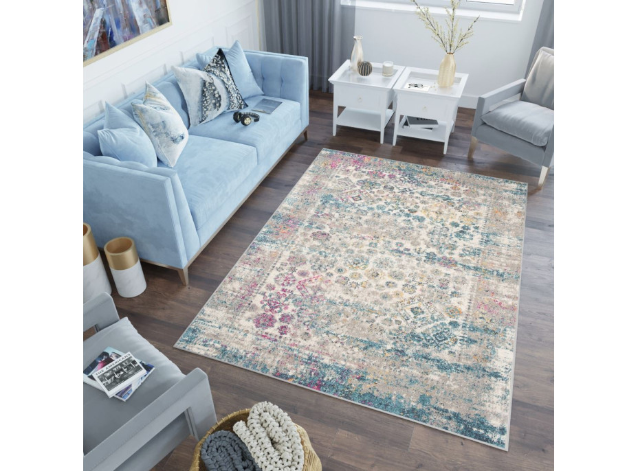 Kusový koberec AZUR vintage - šedý/růžový/modrý, 160x220 cm