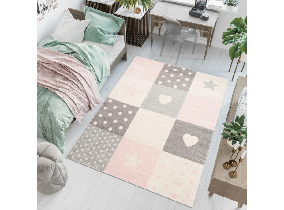 Kusový koberec AZUR srdíčka a hvězdičky - šedý/růžový/bílý, 160x220 cm